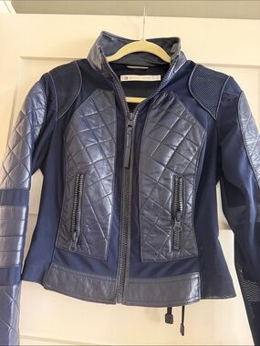 blanc noir Quilted Navy Moto-Style Leather Jacket